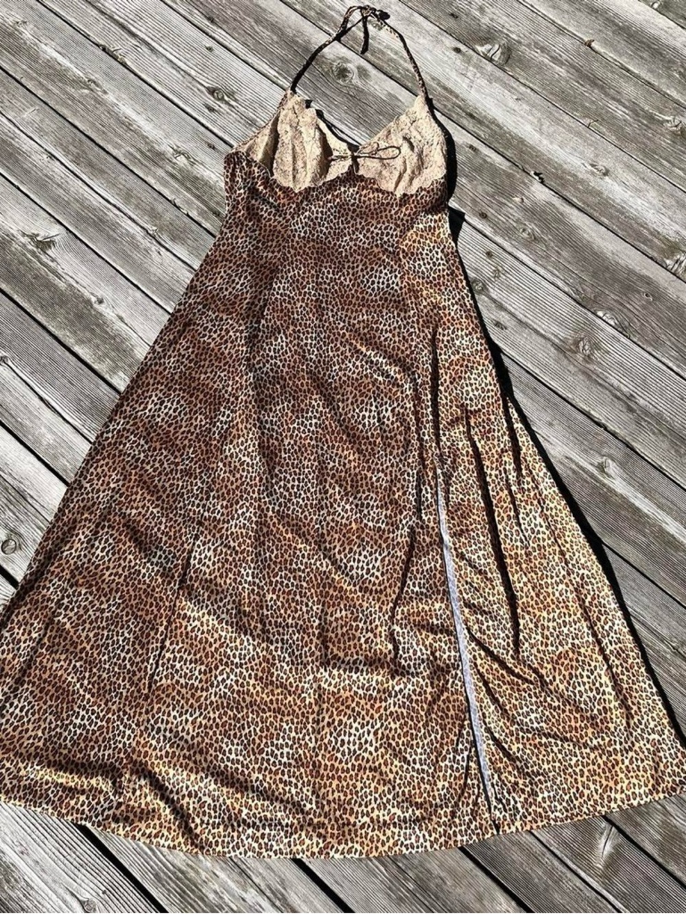 Vanity Fair leopard print w/ lace bust halter slip dress